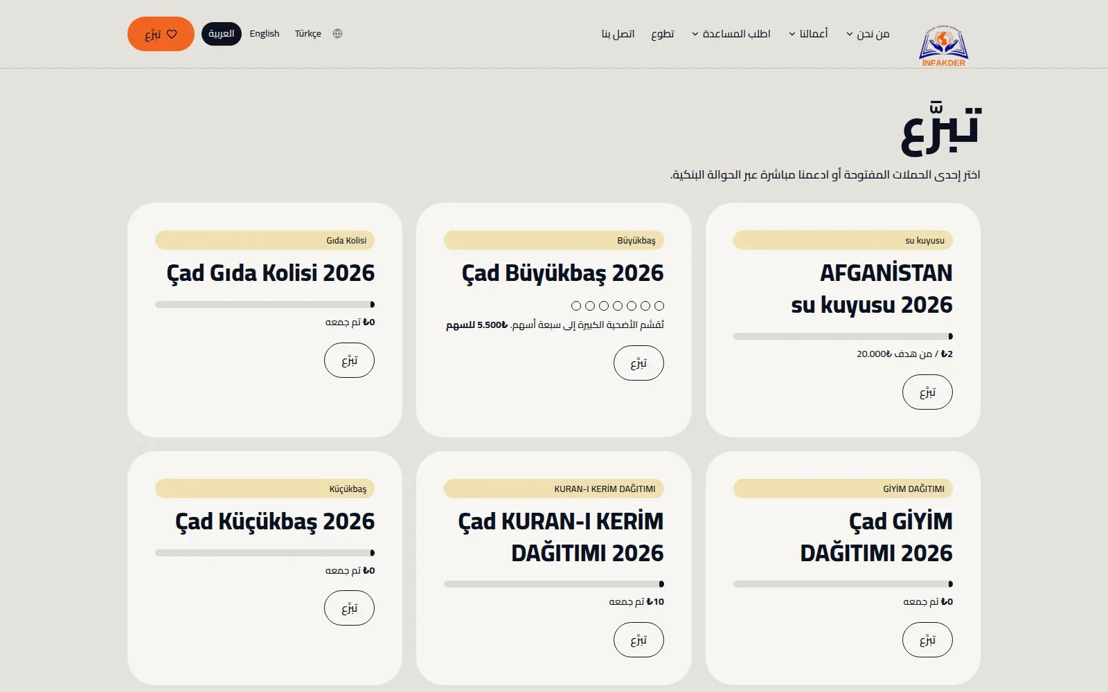 Dernek bağış sitesinin Arapça, sağdan sola düzendeki görünümü